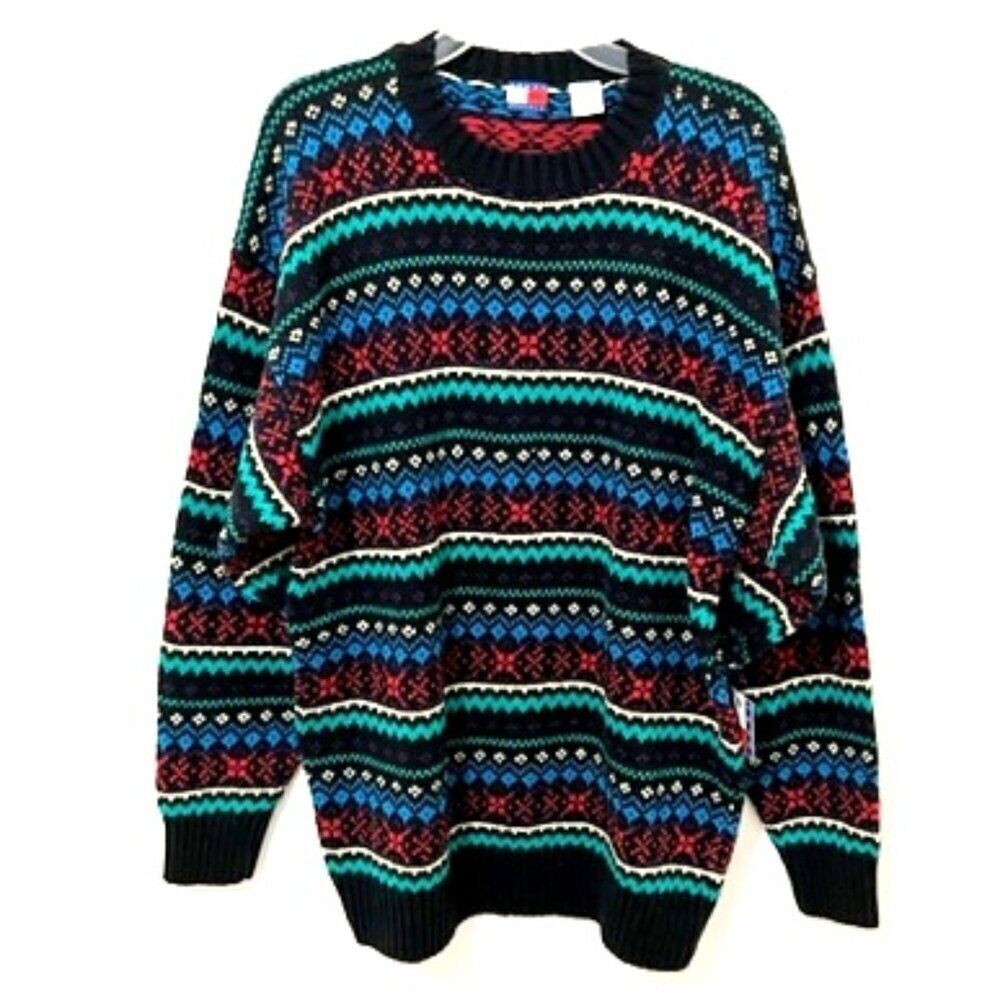 Tommy Hilfiger Black Multi-Color Fair Isle Linen Cotton Sweater Men's XL